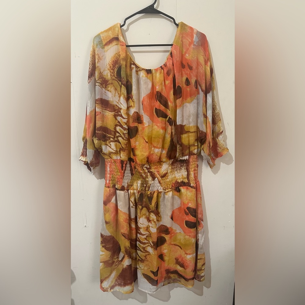 Madison Paige 2X Orange Brown Floral Boho Smocked Waist Colorful Abstract Dress